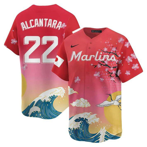 Men's Pink Miami Marlins #22 Sandy Alcantara Japanese Heritage Night 2025 Limited Baseball Jersey